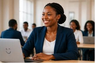 Apprenante souriante suivant une formation XP Client Academy sur son ordinateur